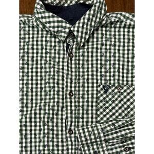 KRUGER BAUM Shirt Green Plaid Floral Gingham Wood Buttons Perfect Fit 2XL